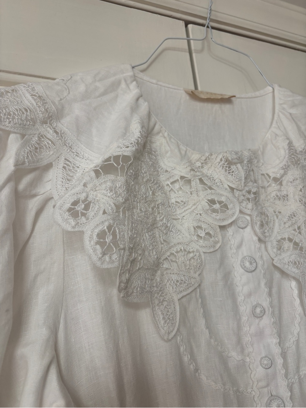 ULLA JOHNSON Fiona Midi Dress Bone White 100% Linen Size 8 Crochet Collar Tie - Picture 10 of 16